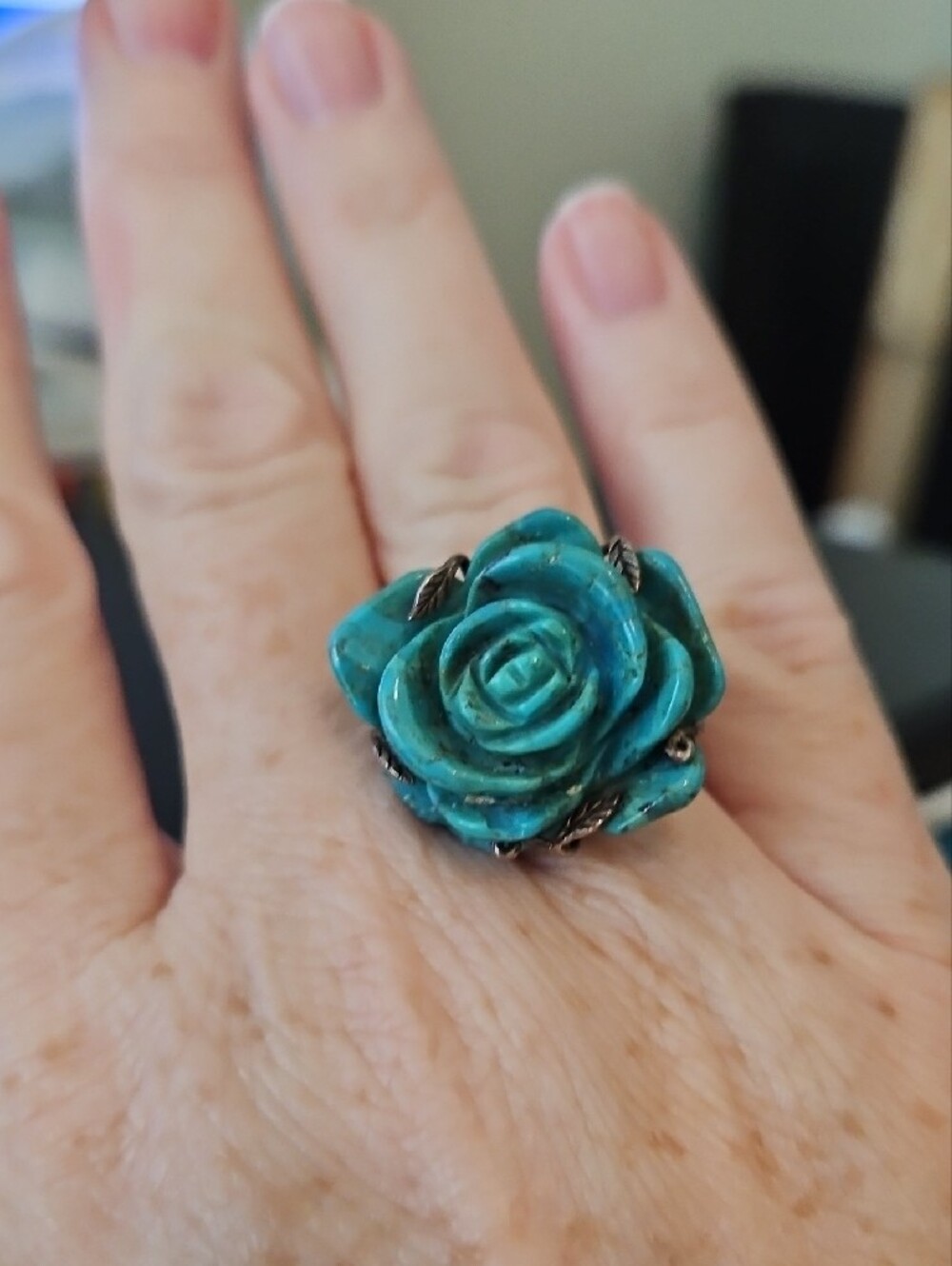 Sally C. Treasures Turquoise Rose Carved Floral Ring - Women Jewelry - Picture 3 of 4